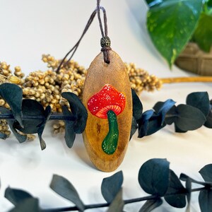 Red Capped Mushroom Necklace, Mushroom Necklace, Shroom Pendant, Wooden Pendant, Hippie Necklace, Fly Agaric Necklace, Hand Painted Pendant image 1