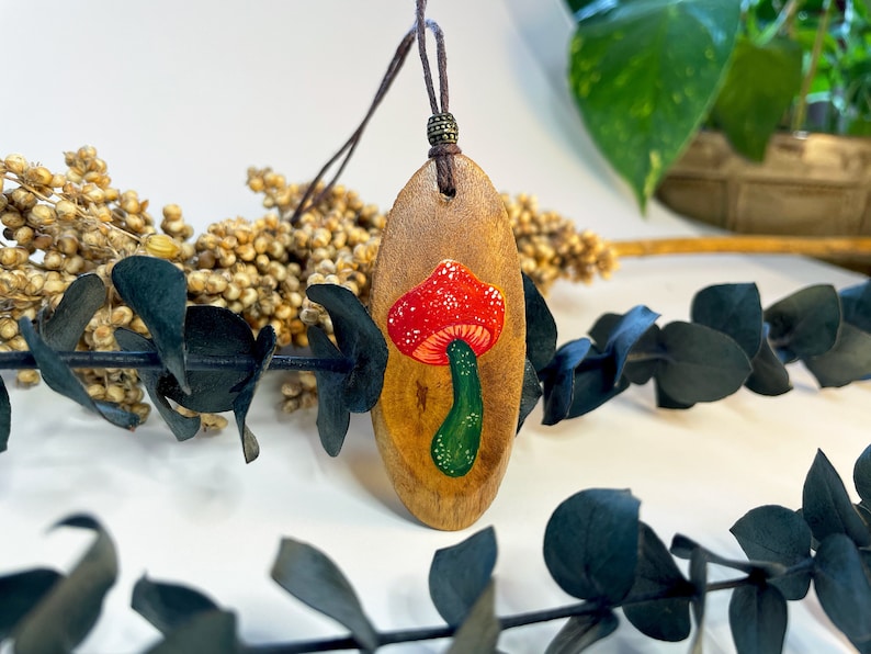 Red Capped Mushroom Necklace, Mushroom Necklace, Shroom Pendant, Wooden Pendant, Hippie Necklace, Fly Agaric Necklace, Hand Painted Pendant image 1