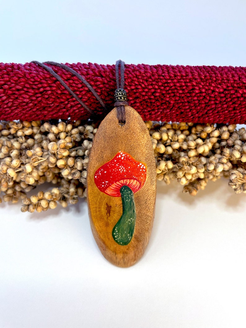 Red Capped Mushroom Necklace, Mushroom Necklace, Shroom Pendant, Wooden Pendant, Hippie Necklace, Fly Agaric Necklace, Hand Painted Pendant image 6