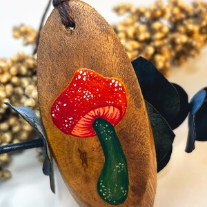 Red Capped Mushroom Necklace, Mushroom Necklace, Shroom Pendant, Wooden Pendant, Hippie Necklace, Fly Agaric Necklace, Hand Painted Pendant image 2