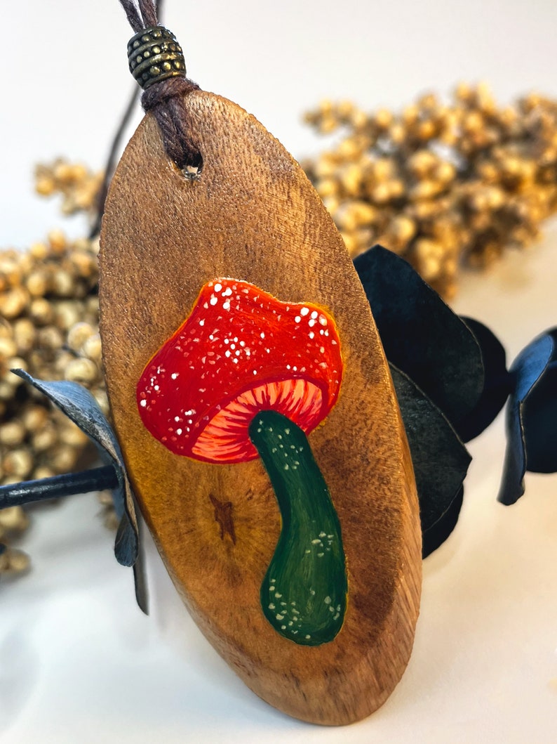 Red Capped Mushroom Necklace, Mushroom Necklace, Shroom Pendant, Wooden Pendant, Hippie Necklace, Fly Agaric Necklace, Hand Painted Pendant image 2