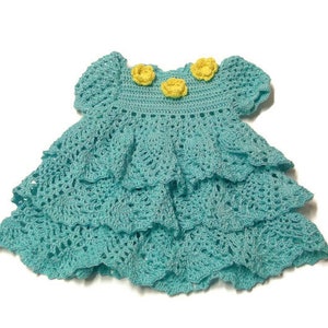 Baby girl Crochet Lace Dress Newborn Preemie Reborn doll Handmade dress Aqua with yellow flower set, bonnet, booties