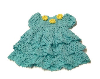 Baby girl Crochet Lace Dress Newborn Preemie Reborn doll Handmade dress Aqua with yellow flower set, bonnet, booties