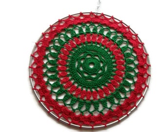 Handmade Home Decor  Crochet Suncatcher in Red Green   For the Home or Office  Great Gifts