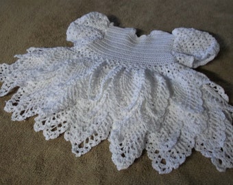 Crochet Baby Dress - Infant Christening Gown, White - Reborn Doll Clothes - White Ruffle Dress for Baby