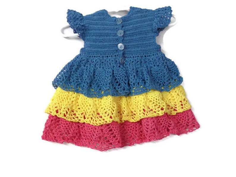 Tricolor ruffles Baby Crochet Lace Dress , Reborn doll, new born, Handmade Crochet Blue, yellow and pink with butterfly , flowers and leaves image 5