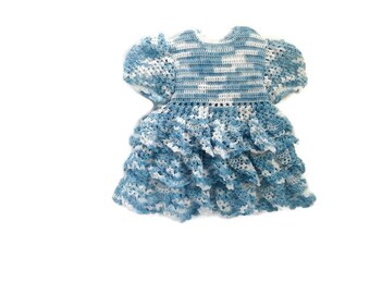 Crochet Baby Dress - Infant - preemie - Newborn - Reborn Doll Clothes - variegated white and blue ruffle crochet Dress