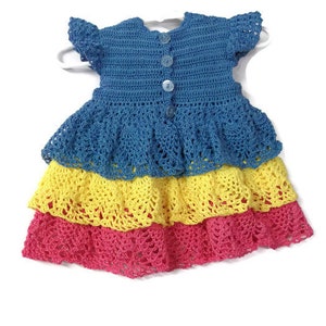 Tricolor ruffles Baby Crochet Lace Dress , Reborn doll, new born, Handmade Crochet Blue, yellow and pink with butterfly , flowers and leaves image 2