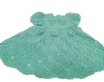 Aqua Crochet Baby Dress - Infant - preemie - Newborn - Reborn Doll Clothes - with heart pattern and flowers