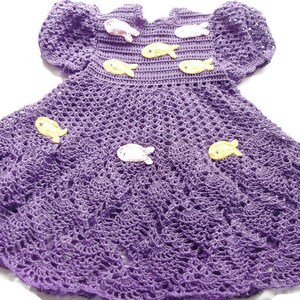 Crochet Baby Dress - Infant - preemie - Newborn - Reborn Doll Clothes - Dress Purple with Colored Fish