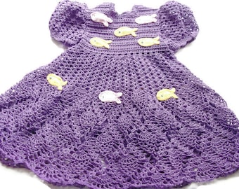 Handmade Crochet Baby Dress – Perfect for Preemies, Newborns & Reborn Dolls | Purple Dress with Colorful Fish Design