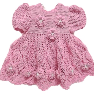 crochet pink set dress, booties, bonnet