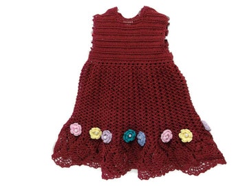 crochet red set dress with flowers and pearls, booties 3", bonnet with flowers and pearls for babies, preemies,  reborn dolls on Etsy