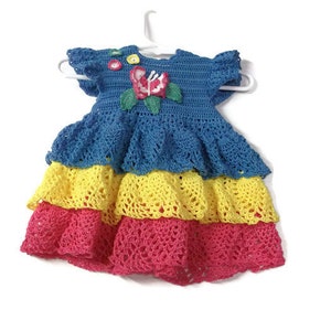 Tricolor ruffles Baby Crochet Lace Dress , Reborn doll, new born, Handmade Crochet Blue, yellow and pink with butterfly , flowers and leaves image 3
