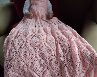 long 35" light pink handmade crochet baby dress with headband, baby, reborn doll