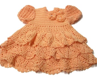 Crochet Baby Dress - Handmade Infant dress - preemie  dress -  handmade peach ruffle crochet Newborn Dress set, bonnet, bloomer and booties