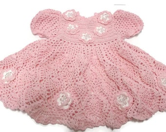 Baby girl Crochet Lace Dress Newborn Preemie Reborn doll Handmade dress pink with white roses