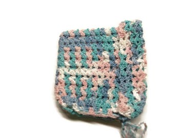 Variegated Blue, Pink and white Baby Bonnet Baby hat Crochet Bonnet Newborn