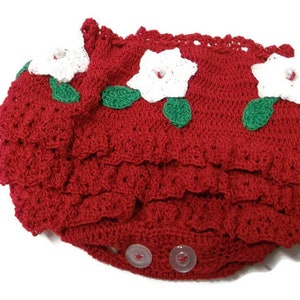 Baby bloomers, Ruffles bloomers, red with white flowers and green leaves, ruffle bloomer, diaper cover, infant girl, New Born Baby Bloomers