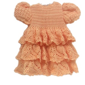 crochet peach set dress, booties, bonnet