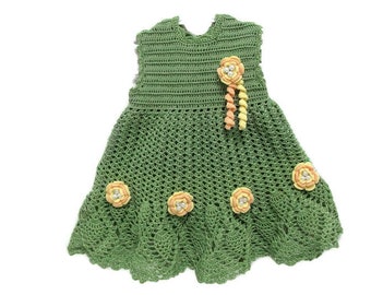 crochet Olive green set dress with flowers and pearl, booties 3", bonnet with flowers and pearls for babies, preemies,  reborn dolls on Etsy