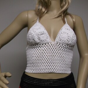 Crochet Top  Boho Hippie White Crochet Sexy Top, Crochet Halter Top Handmade Crochet White Top Small Size