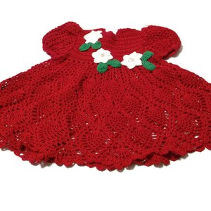 Baby girl Crochet Lace Dress Newborn Preemie Reborn doll Handmade dress red with white flowers and green leaves