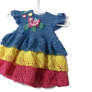 Tricolor ruffles Baby Crochet Lace Dress , Reborn doll, new born, Handmade Crochet Blue, yellow and pink with butterfly , flowers and leaves image 4