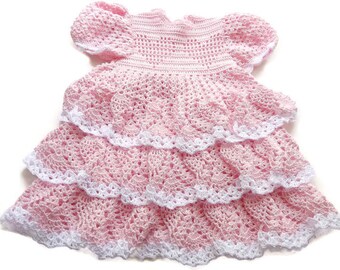 Crochet Baby Dress - Infant - preemie - Newborn - Reborn Doll Clothes - Dress Pink with White Trim