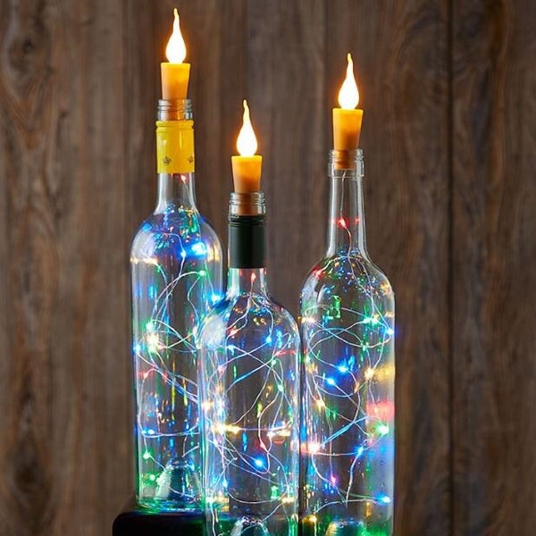 FLAT SHIPPING! Sets of 3 Wine Bottle Candle Lights, Cork Lights, Candle Flame Bottle Lights