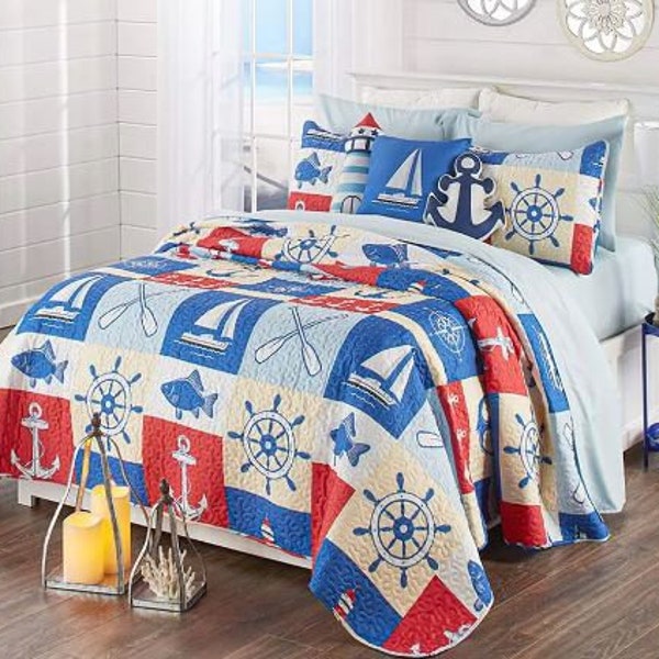 FLAT SHIPPING!  Nautical Bedroom Ensemble Quilt Accent Pillow Sham