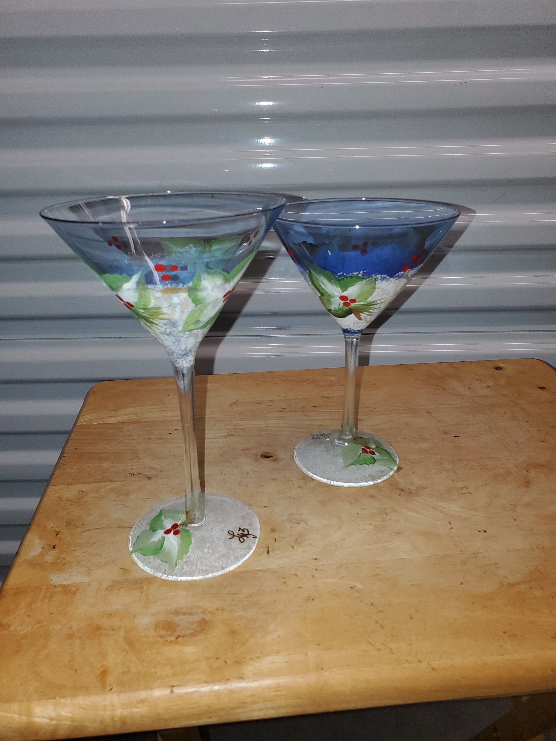 Handpainted Holiday Martini Glasses Christmas Martini Glass Holly