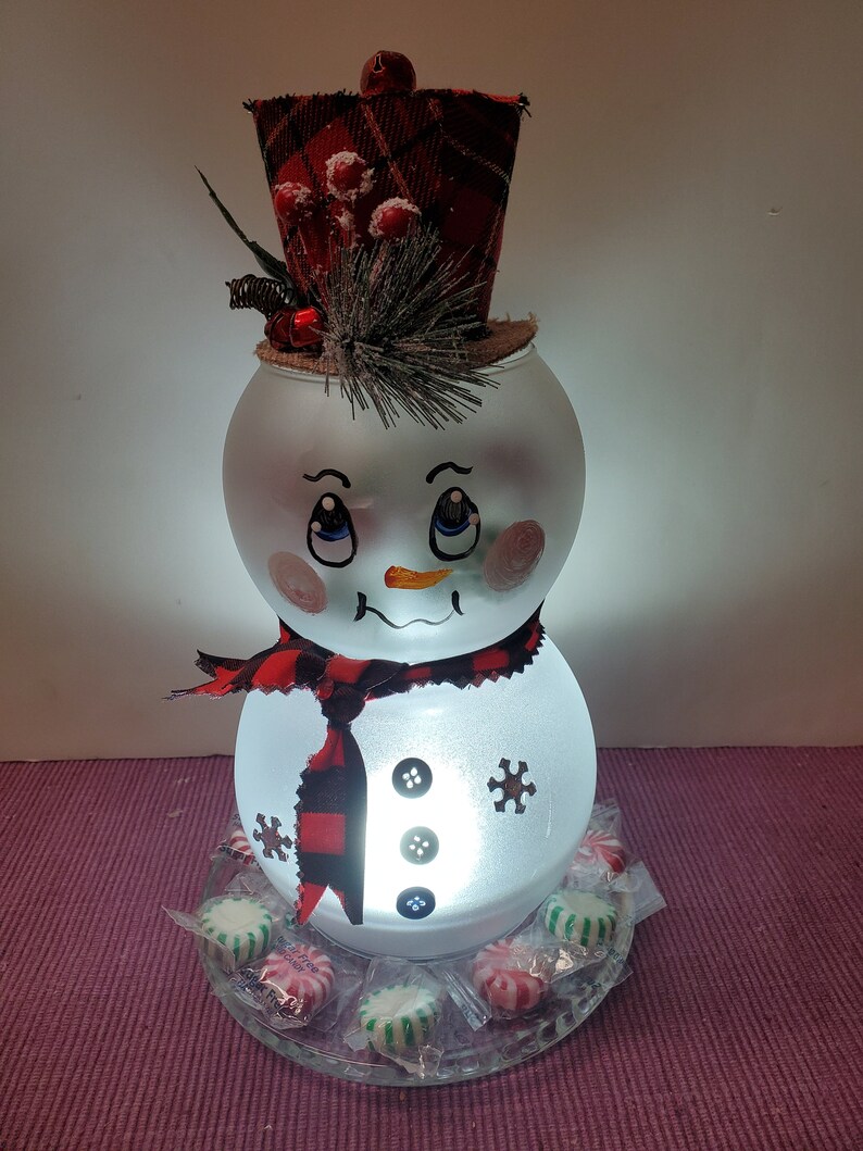 Lit Frosted Snowman Centerpiece Candy Dish Lighted Christmas Etsy