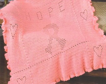 Hand Crocheted Cancer Awareness HOPE+AWARENESS RIBBON Throw Blanket