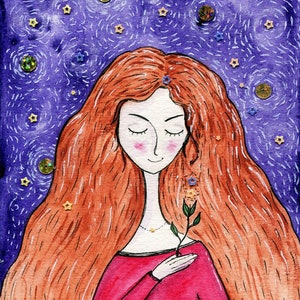 Digital Drawing of a girl with red hair with blue and yellow stars on a purple background _&quot;Ukraine in my heart&quot;