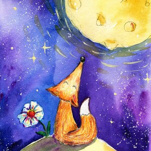 Carte postale numérique - Le petit renard regarde la lune qui ressemble à du fromage