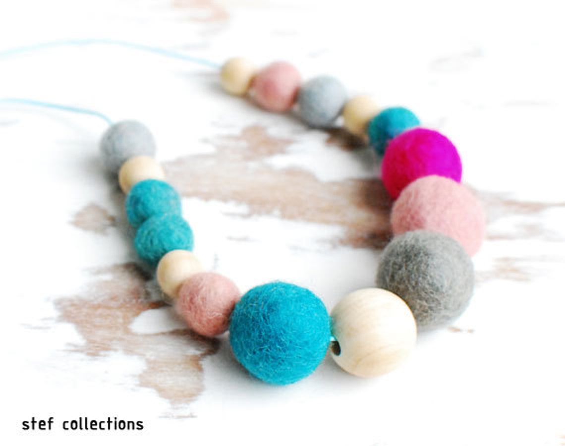 Felt Ball Necklace. Pink Necklace. Wooden Bead Necklace. Blue. Etsy