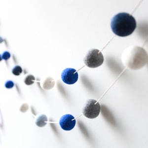 Cool Blue Grey Felt Ball Garland. Nursery Decor. Boys Room Decor. Kids Room. Pom Pom Garland. Home Decor. image 1