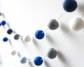 Cool Blue Grey Felt Ball Garland. Nursery Decor. Boys Room Decor. Kids Room. Pom Pom Garland. Home Decor.