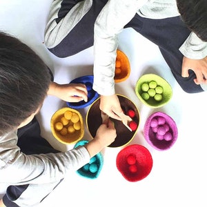 Sorting Felt Bowls Toy, RAINBOW Wool, Counting, Montessori Sensory Play. Learn Colours. Educational Open Ended, Pretend Cooking 画像 7