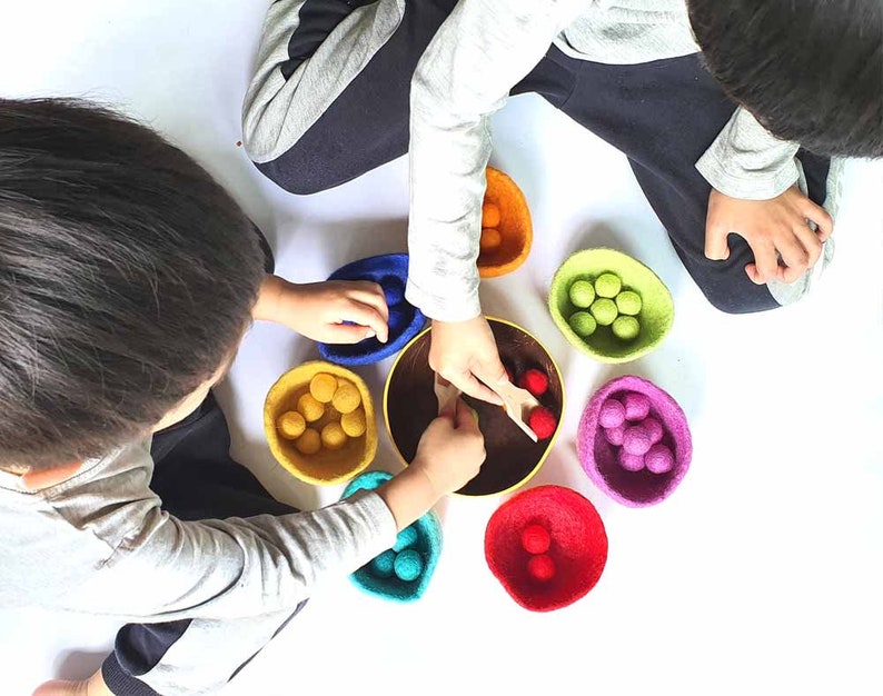 Sorting Felt Bowls Toy, RAINBOW Wool, Counting, Montessori Sensory Play. Learn Colours. Educational Open Ended, Pretend Cooking 画像 7