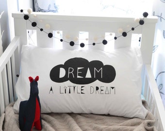 Dream A Little Dream Pillowcase (Black), Kids Pillowcases, Pillow, Pillow case, Kids room, Bedding, Nursery, Children