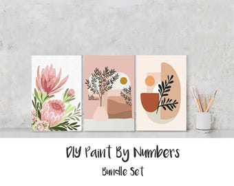 Paint By Numbers, FLORAL FLOWER Bundle set, Adult Painting Kit Bulk, Abstract DIY Wall Art, Pink Plant Botanical, Paint Party, Gift for her