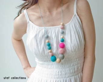 Felt Ball Necklace. Pink Necklace. Wooden Bead Necklace. Blue. Large bead Necklace. Wool Necklace. Quirky. Bold. Adjustable Necklace.