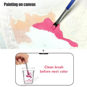 Puede incluir: Primer plano de un lienzo de pintura por n&uacute;meros con un pincel pintando una secci&oacute;n rosa. El texto "Pintar sobre lienzo" est&aacute; en la parte superior de la imagen. La imagen inferior muestra un pincel que se limpia en un vaso de agua con el texto "Limpiar el pincel antes del siguiente color".