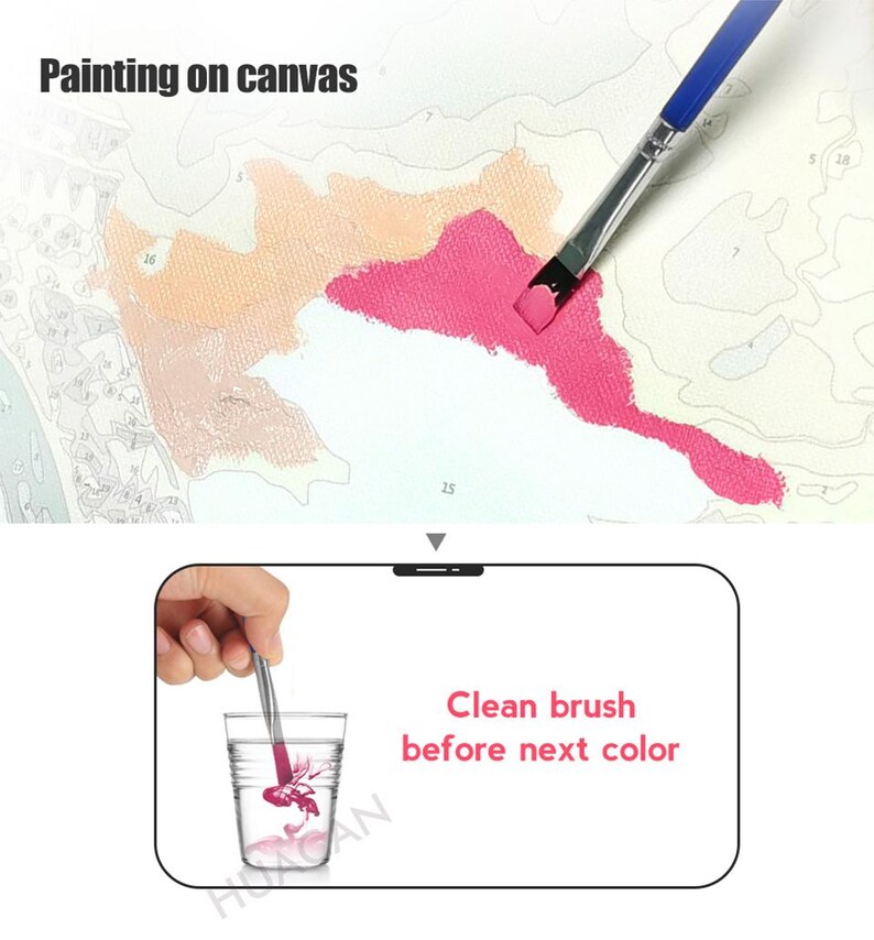 Puede incluir: Primer plano de un lienzo de pintura por n&uacute;meros con un pincel pintando una secci&oacute;n rosa. El texto "Pintar sobre lienzo" est&aacute; en la parte superior de la imagen. La imagen inferior muestra un pincel que se limpia en un vaso de agua con el texto "Limpiar el pincel antes del siguiente color".