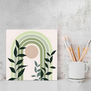 Malen nach Zahlen GREEN ARCH DIY Kit, abstraktes Pflanzengrün Hauswanddekor Kunst Bastelbedarf Starter Kit, 20x20 Malerei Geschenk, Kunstgeschenk