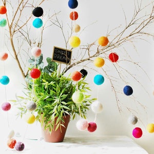 Puede incluir: Una guirnalda de bolas de fieltro de colores cuelga de una rama. Las bolas son de varios colores, incluyendo rojo, naranja, amarillo, verde, azul, morado y blanco. La guirnalda est&aacute; decorada con las palabras "Sweet Dreams".