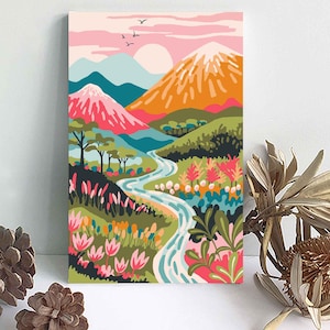 Paint By Numbers Pink MOUNTAIN LANDSCAPE, Abstract Scenery Adult painting kit, DIY Wall art Paint party Craft kit House warming Gift for her