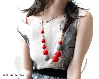 Felt Ball Necklace. Red Necklace. Grey Necklace. Large bead Necklace. Chunky Necklace. Wool Necklace. Cocktail Necklace. Bold. Adjustable.